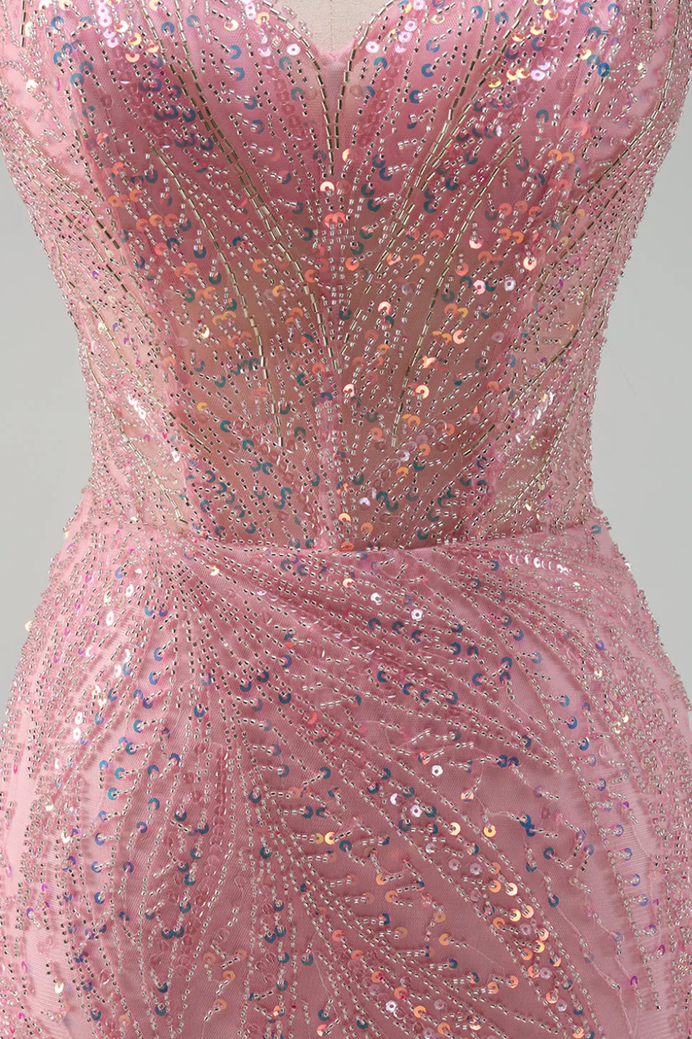 Brilhante Rosa Sereia Esparguete Correias Sequins Long Corset Prom Dress