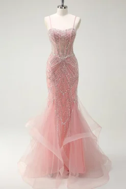 Brilhante Rosa Sereia Esparguete Correias Corset Long Prom Dress