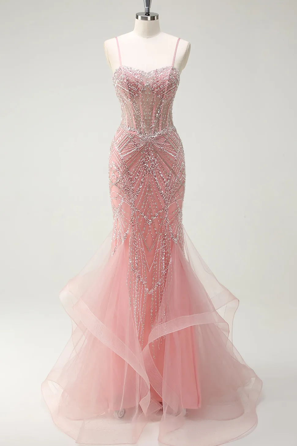 Brilhante Rosa Sereia Esparguete Correias Corset Long Prom Dress