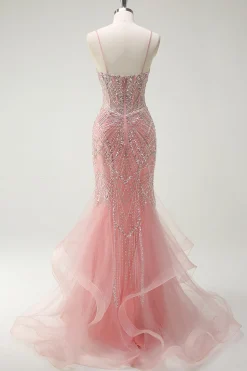 Brilhante Rosa Sereia Esparguete Correias Corset Long Prom Dress