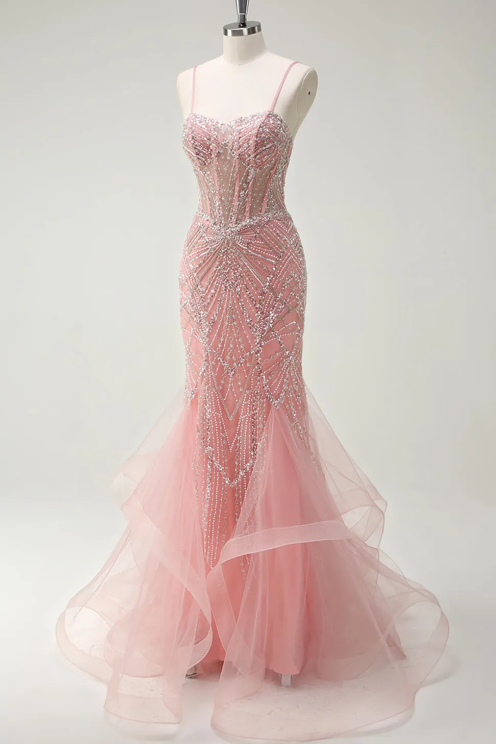 Brilhante Rosa Sereia Esparguete Correias Corset Long Prom Dress