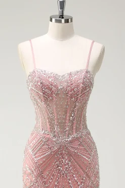 Brilhante Rosa Sereia Esparguete Correias Corset Long Prom Dress