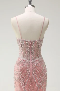 Brilhante Rosa Sereia Esparguete Correias Corset Long Prom Dress