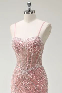 Brilhante Rosa Sereia Esparguete Correias Corset Long Prom Dress