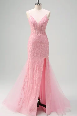 Brilhante Rosa Sereia V-Neck Corset Vestido de Baile de Lantejoulas com Fenda