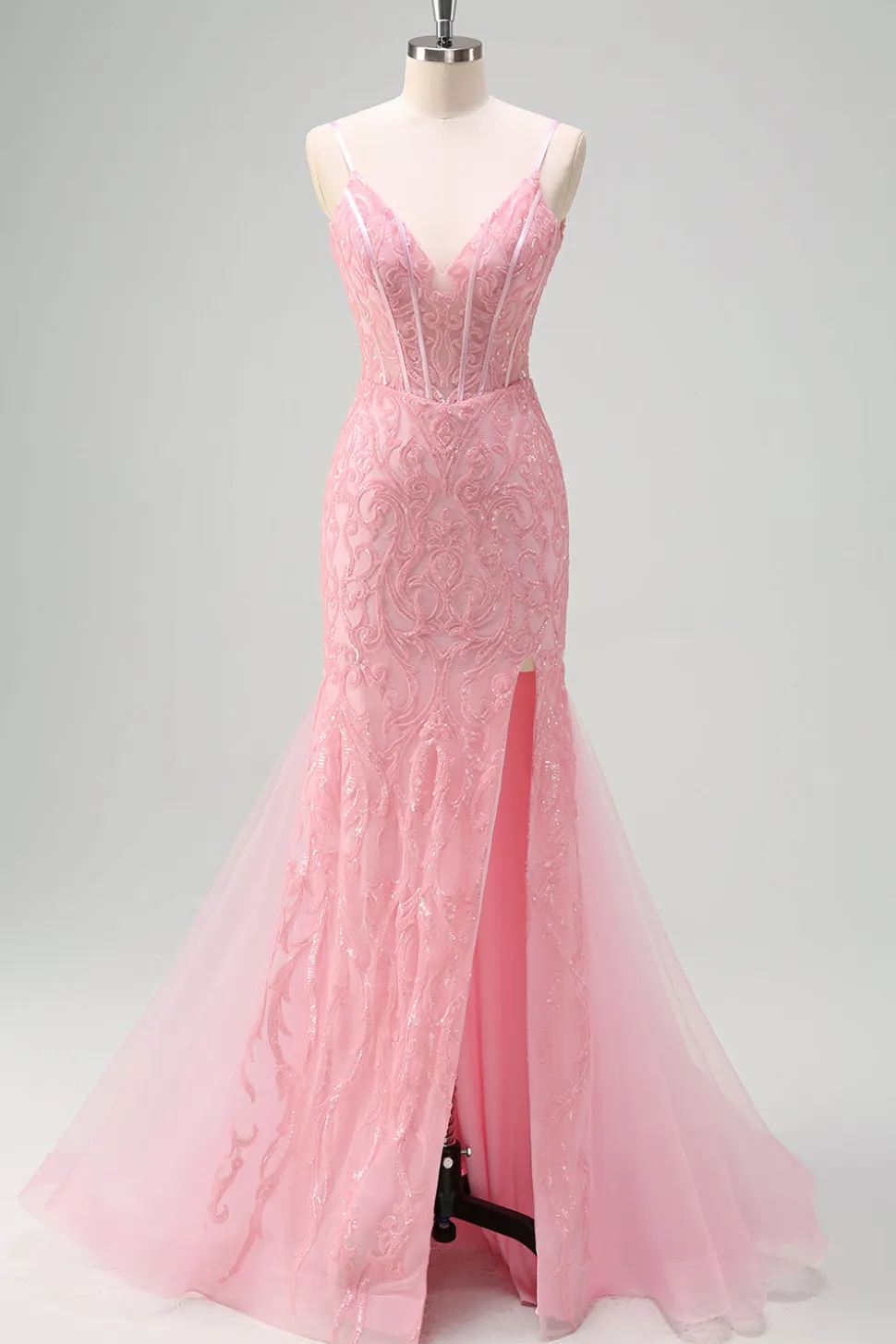Brilhante Rosa Sereia V-Neck Corset Vestido de Baile de Lantejoulas com Fenda