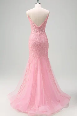 Brilhante Rosa Sereia V-Neck Corset Vestido de Baile de Lantejoulas com Fenda