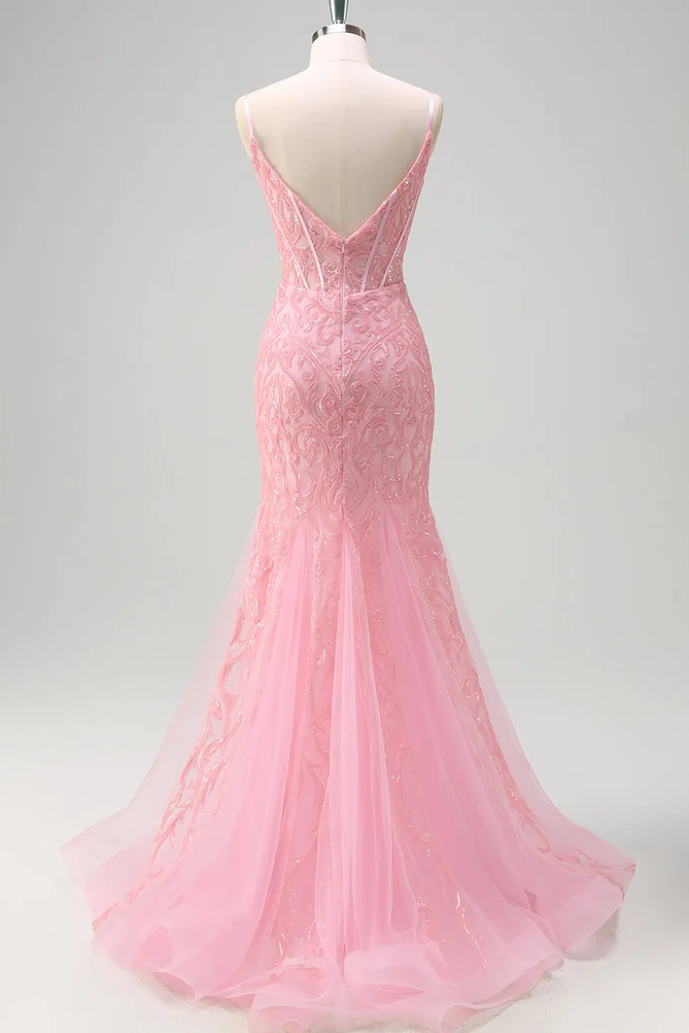 Brilhante Rosa Sereia V-Neck Corset Vestido de Baile de Lantejoulas com Fenda