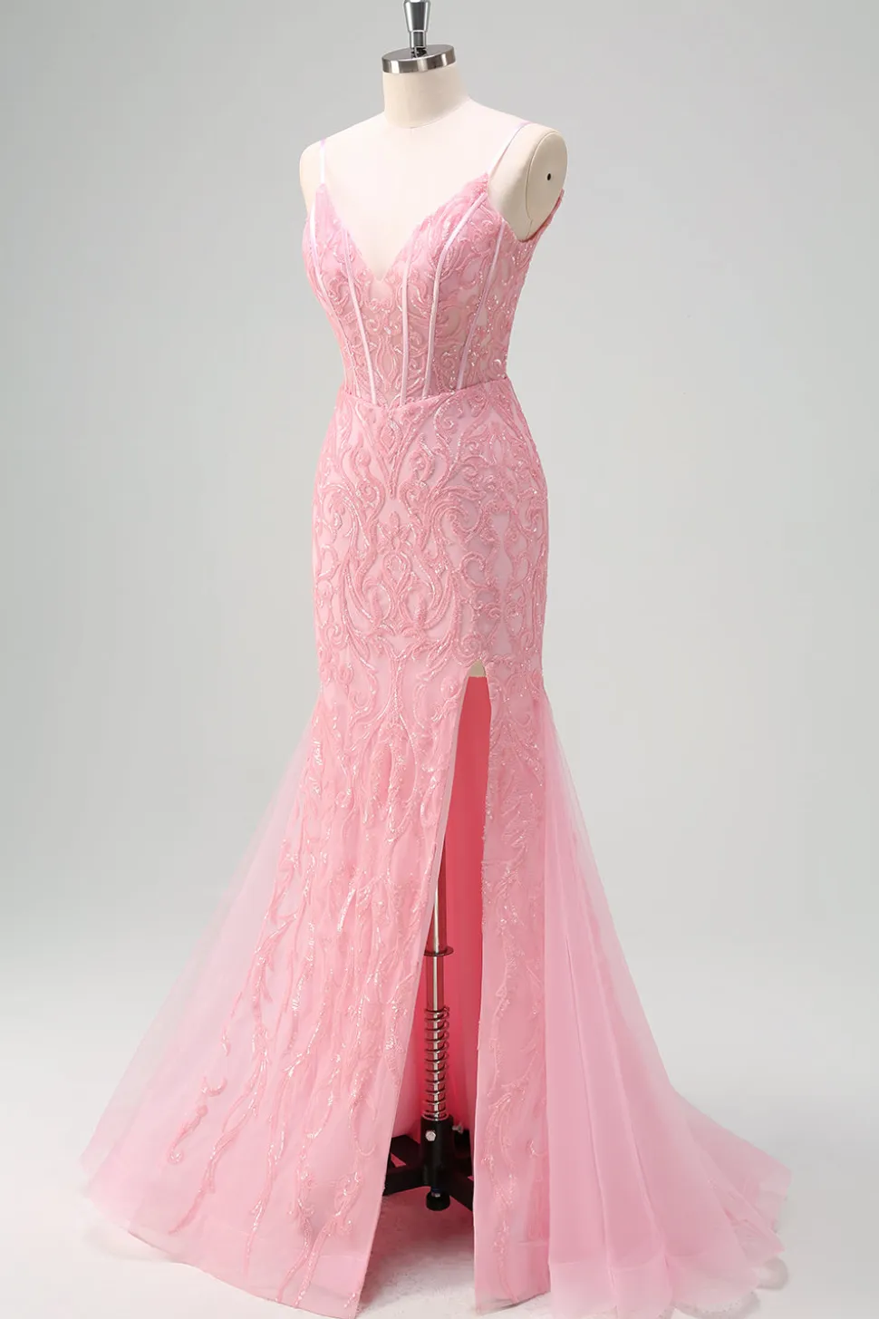 Brilhante Rosa Sereia V-Neck Corset Vestido de Baile de Lantejoulas com Fenda