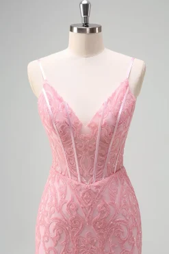 Brilhante Rosa Sereia V-Neck Corset Vestido de Baile de Lantejoulas com Fenda