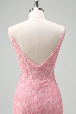 Brilhante Rosa Sereia V-Neck Corset Vestido de Baile de Lantejoulas com Fenda