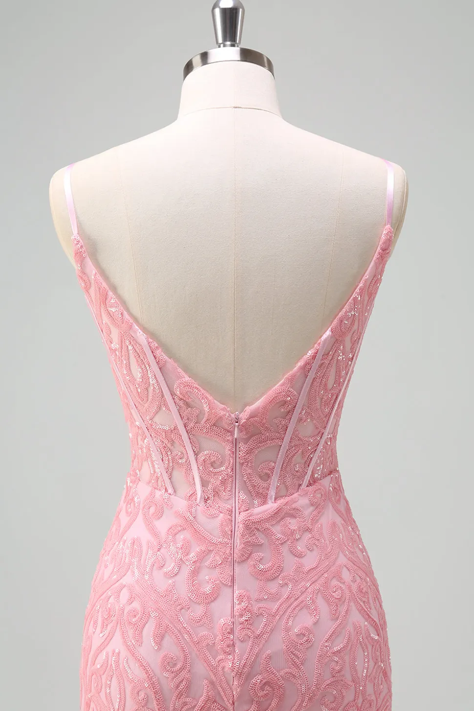 Brilhante Rosa Sereia V-Neck Corset Vestido de Baile de Lantejoulas com Fenda