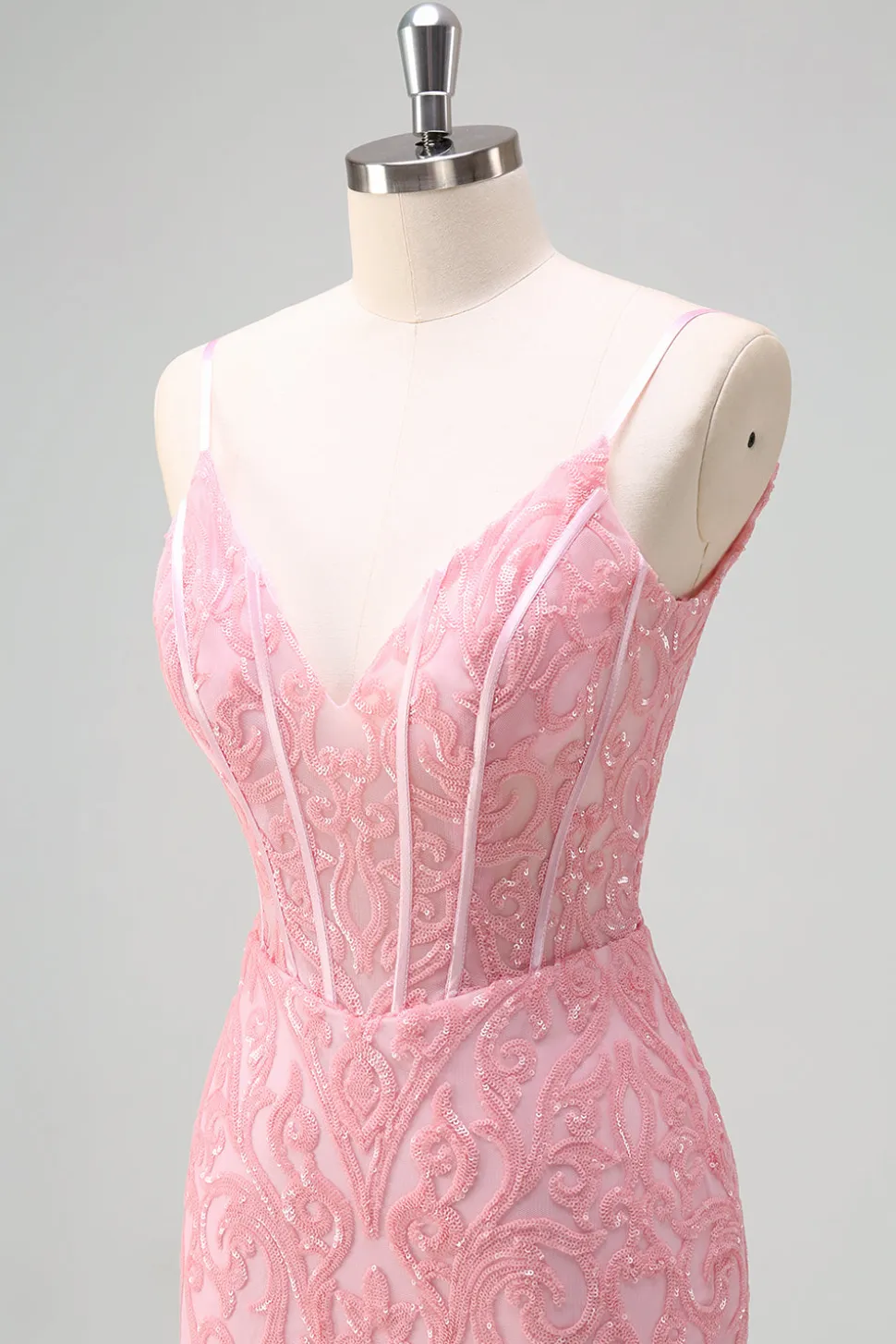 Brilhante Rosa Sereia V-Neck Corset Vestido de Baile de Lantejoulas com Fenda