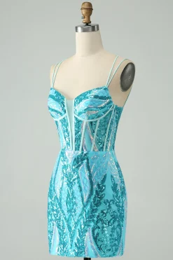 Brilhante roxo escuro espaguete correias espartilho curto homecoming vestido com lantejoulas