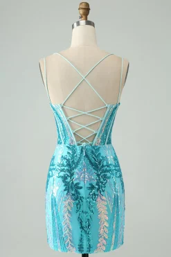 Brilhante roxo escuro espaguete correias espartilho curto homecoming vestido com lantejoulas