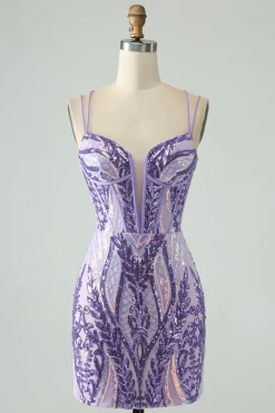 Brilhante roxo escuro espaguete correias espartilho Homecoming vestido com lantejoulas