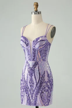 Brilhante roxo escuro espaguete correias espartilho Homecoming vestido com lantejoulas