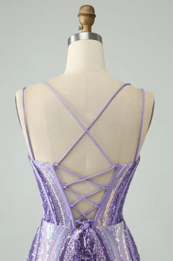 Brilhante roxo escuro espaguete correias espartilho Homecoming vestido com lantejoulas