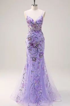 Brilhante roxo sereia espaguete correias espartilho longo lantejoulas vestido de baile