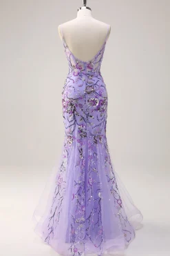 Brilhante roxo sereia espaguete correias espartilho longo lantejoulas vestido de baile