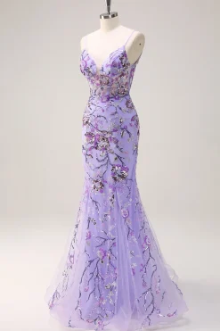 Brilhante roxo sereia espaguete correias espartilho longo lantejoulas vestido de baile