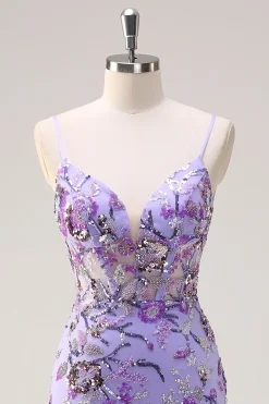 Brilhante roxo sereia espaguete correias espartilho longo lantejoulas vestido de baile