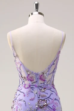 Brilhante roxo sereia espaguete correias espartilho longo lantejoulas vestido de baile