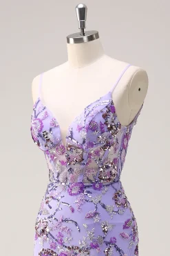 Brilhante roxo sereia espaguete correias espartilho longo lantejoulas vestido de baile
