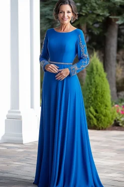 Brilhante Royal Blue A-Line frisado mangas compridas mãe do vestido da noiva