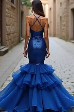 Brilhante Royal Blue Sereia Esparguete Correias Longo Vestido de Baile Com Folhos
