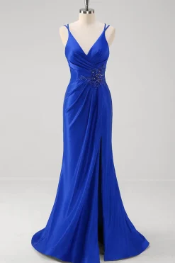 Brilhante Royal Blue Sereia Esparguete Alças Long Prom Vestido Com Fenda