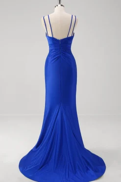 Brilhante Royal Blue Sereia Esparguete Alças Long Prom Vestido Com Fenda