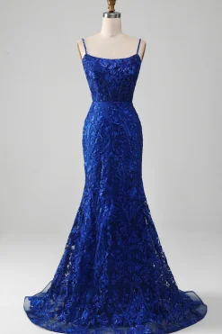 Brilhante Royal Blue Sereia Espaghetti Straps Long Prom Dress Com Apliques
