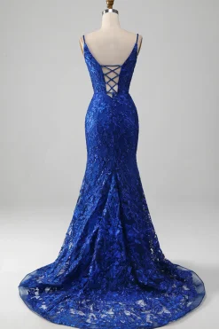Brilhante Royal Blue Sereia Espaghetti Straps Long Prom Dress Com Apliques