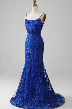 Brilhante Royal Blue Sereia Espaghetti Straps Long Prom Dress Com Apliques
