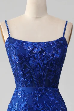 Brilhante Royal Blue Sereia Espaghetti Straps Long Prom Dress Com Apliques