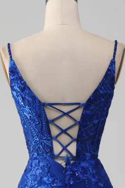 Brilhante Royal Blue Sereia Espaghetti Straps Long Prom Dress Com Apliques