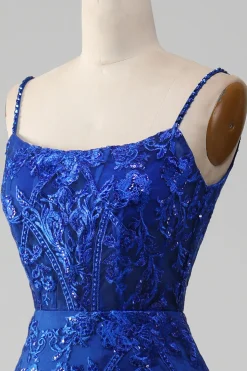 Brilhante Royal Blue Sereia Espaghetti Straps Long Prom Dress Com Apliques