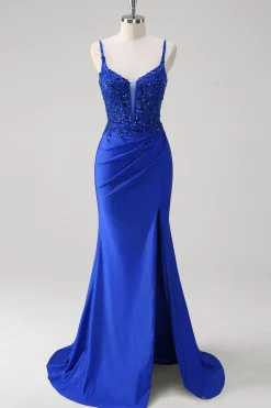 Brilhante Royal Blue Sereia Espaghetti Straps Long Corset Prom Dress com Apliques