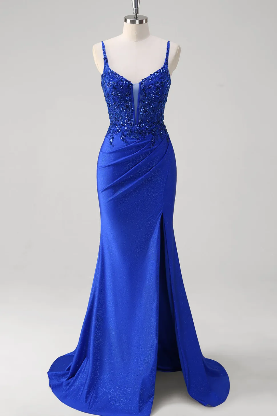 Brilhante Royal Blue Sereia Espaghetti Straps Long Corset Prom Dress com Apliques