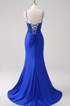 Brilhante Royal Blue Sereia Espaghetti Straps Long Corset Prom Dress com Apliques