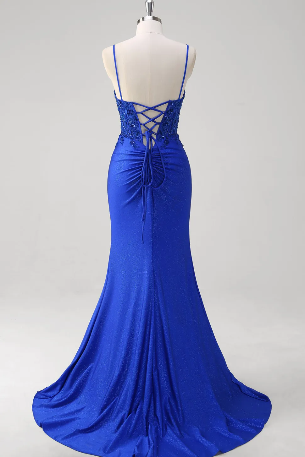 Brilhante Royal Blue Sereia Espaghetti Straps Long Corset Prom Dress com Apliques
