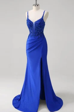 Brilhante Royal Blue Sereia Espaghetti Straps Long Corset Prom Dress com Apliques
