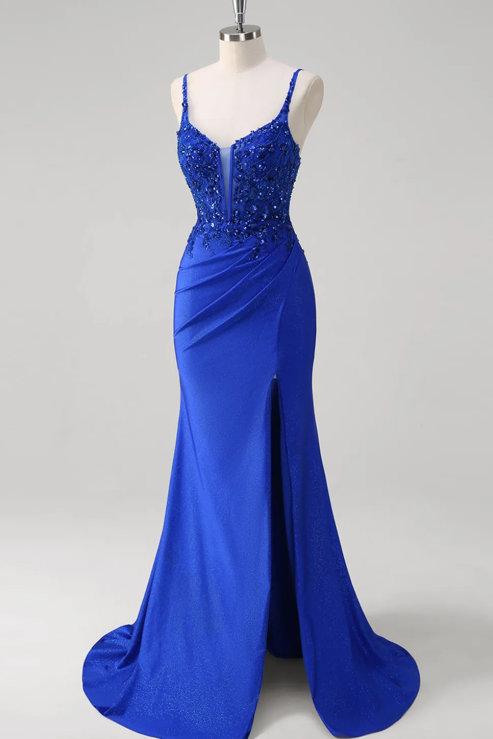 Brilhante Royal Blue Sereia Espaghetti Straps Long Corset Prom Dress com Apliques