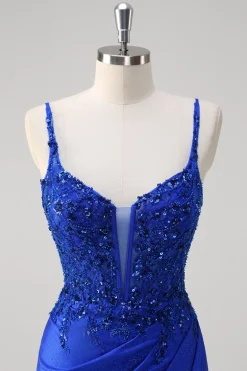Brilhante Royal Blue Sereia Espaghetti Straps Long Corset Prom Dress com Apliques