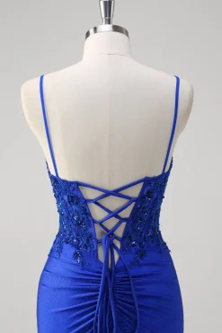 Brilhante Royal Blue Sereia Espaghetti Straps Long Corset Prom Dress com Apliques