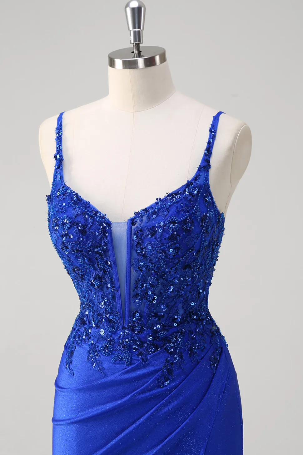 Brilhante Royal Blue Sereia Espaghetti Straps Long Corset Prom Dress com Apliques