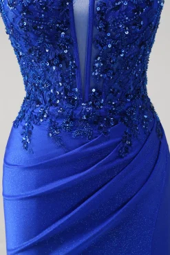 Brilhante Royal Blue Sereia Espaghetti Straps Long Corset Prom Dress com Apliques