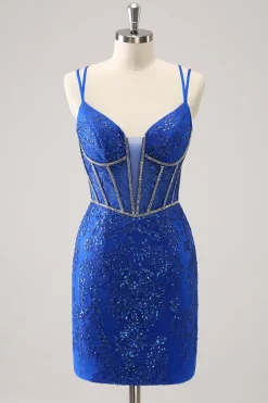 Brilhante Royal Blue Spaghetti Correias Corset Tight Homecoming Dress com Sequins