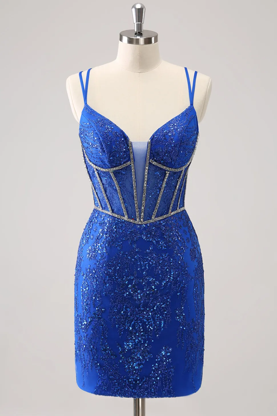 Brilhante Royal Blue Spaghetti Correias Corset Tight Homecoming Dress com Sequins
